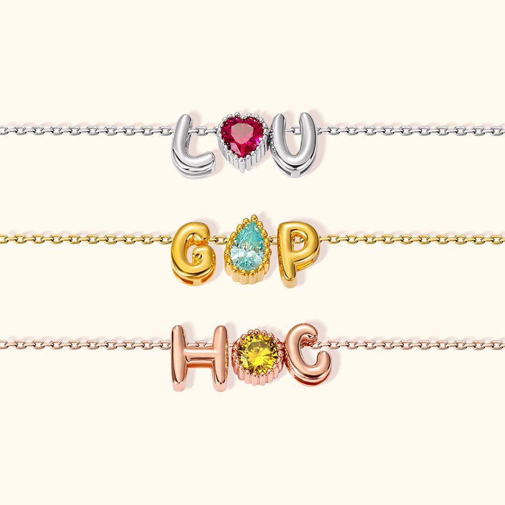 Collier Personnalisé avec Pierre de Naissance et Lettres en Bulle d'Air 3D Cadeau Anniversaire Saint-Valentin pour Femme