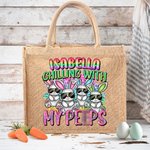 Personifierad Cool Bunny Pattern Jute Tote Bag med namn Stor kapacitet Påsk Födelsedagspresent för barn Kvinnor