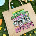 Personifierad Cool Bunny Pattern Jute Tote Bag med namn Stor kapacitet Påsk Födelsedagspresent för barn Kvinnor