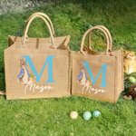 Personalised Peter Rabbit Bunny Jute Tote Bag with Initial and Name Easter Egg Hunt Basket Holiday Gift for Kids