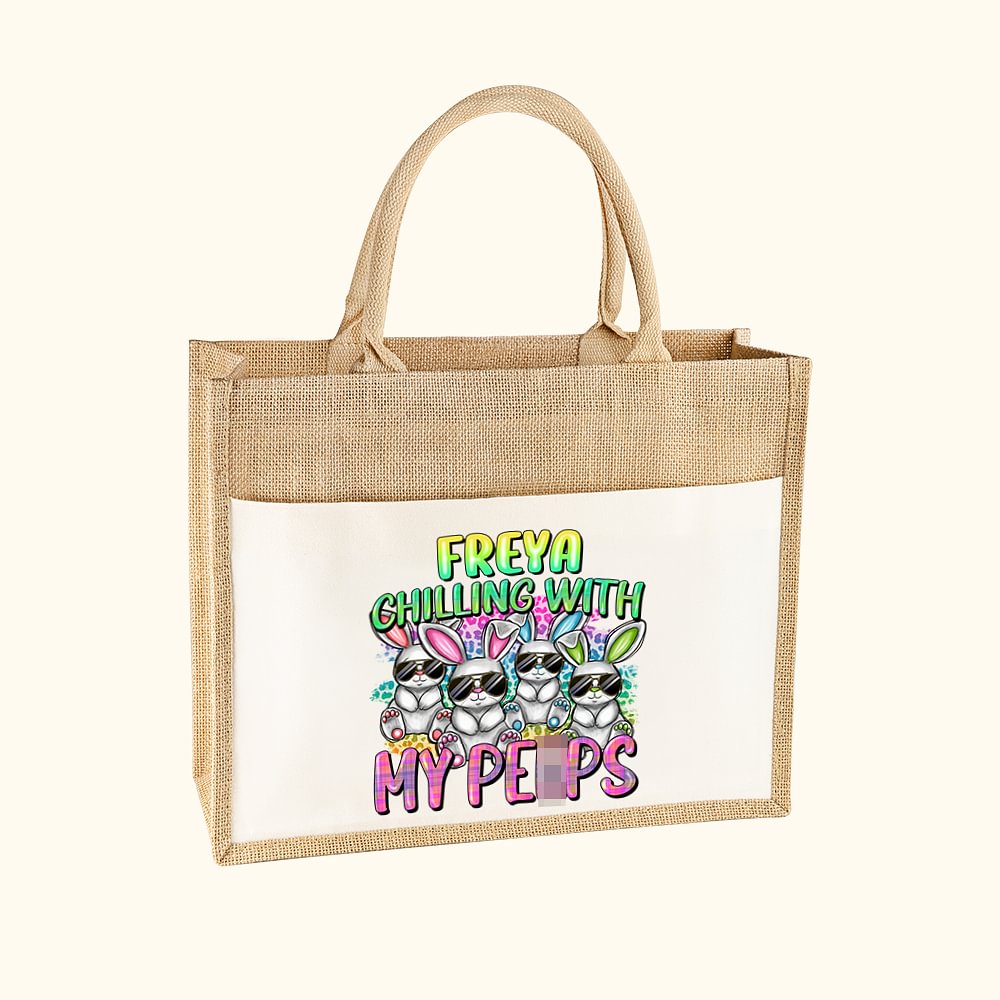 Sac en toile de jute personnalisé avec nom en couleur dégradée Cadeau de Pâques pour la famille et les amis