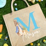 Personalised Peter Rabbit Bunny Jute Tote Bag with Initial and Name Easter Egg Hunt Basket Holiday Gift for Kids