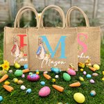 Personalised Peter Rabbit Bunny Jute Tote Bag with Initial and Name Easter Egg Hunt Basket Holiday Gift for Kids