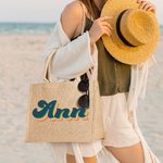 Personalized Retro Colorful Name Jute Tote Bag Reusable Beach Travel Accessory Bridal Party Birthday Gift for Women Girls