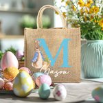 Personalised Peter Rabbit Bunny Jute Tote Bag with Initial and Name Easter Egg Hunt Basket Holiday Gift for Kids