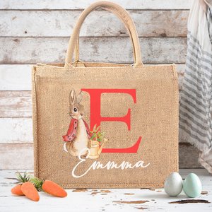 Personlig Peter Rabbit Bunny Jute Tote Bag med initialer och namn Påskäggsjaktkorg Semestergåva för barn