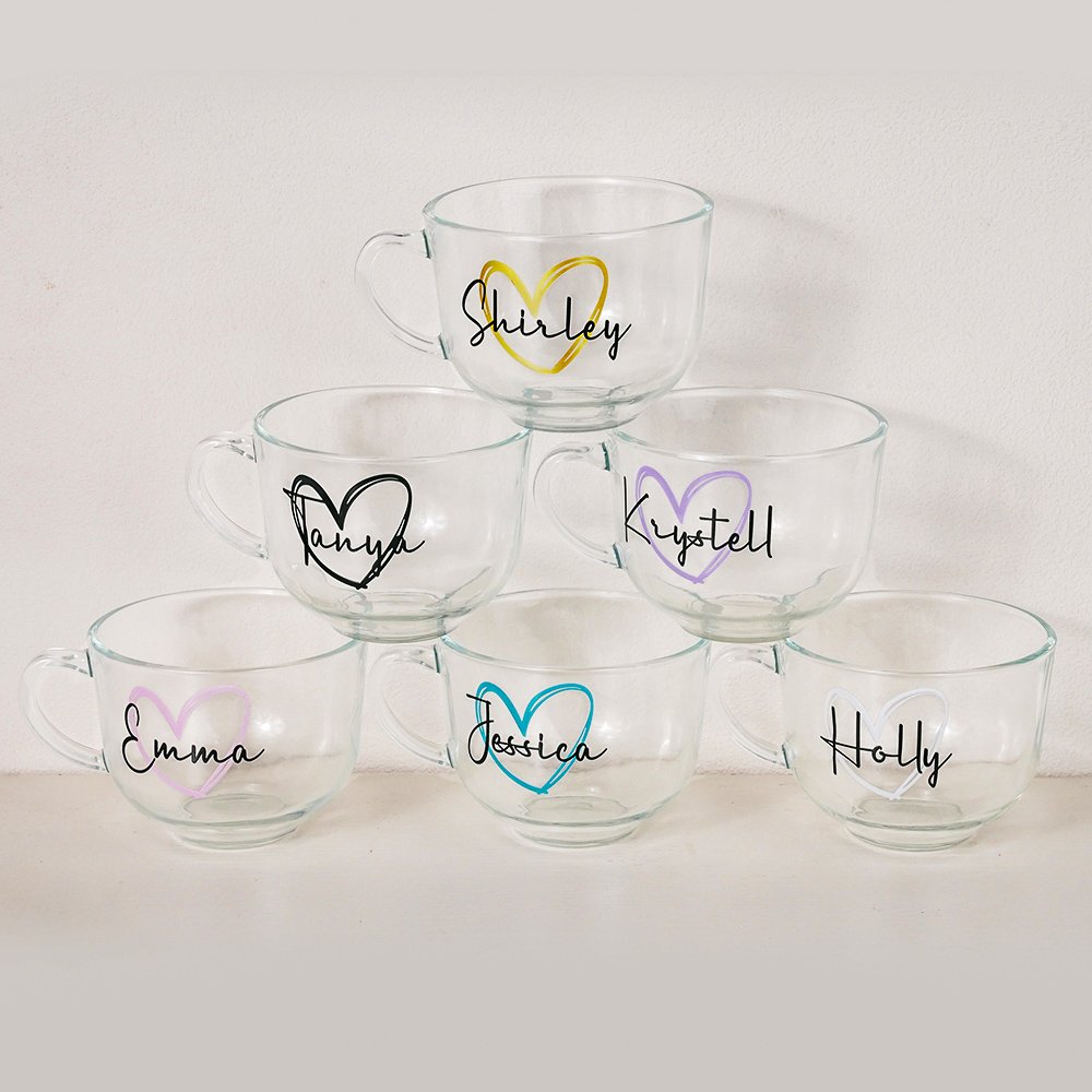Set di tazze da caffè in vetro personalizzate Love 16oz con sottobicchiere e nome