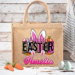 Personalised Pink Bunny Ears Easter Eggs Jute Tote Bag with Bright-Coloured Name Gift for Kid