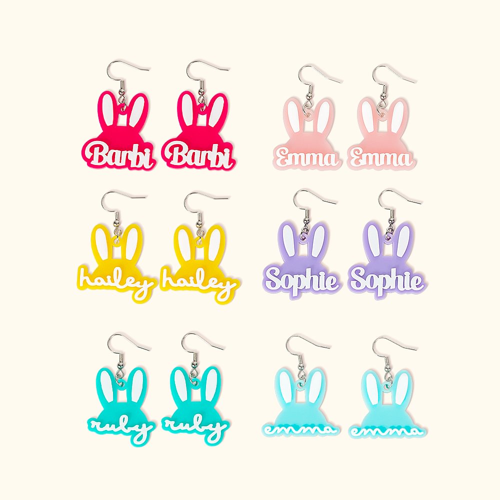 Boucles d'Oreilles en Acrylique Personnalisées avec Nom Boucles d'Oreilles en Forme de Lapin Cadeau Anniversaire Pâques pour Femmes Enfant