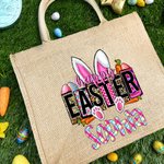 Personalised Pink Bunny Ears Easter Eggs Jute Tote Bag with Bright-Coloured Name Gift for Kid