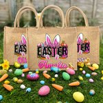 Personalised Pink Bunny Ears Easter Eggs Jute Tote Bag with Bright-Coloured Name Gift for Kid