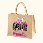 Personalised Pink Bunny Ears Easter Eggs Jute Tote Bag with Bright-Coloured Name Gift for Kid