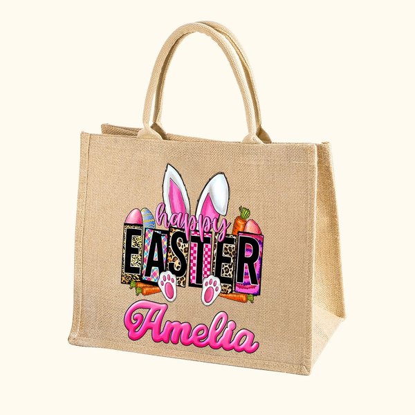 Gepersonaliseerde Roze Konijntje Oren Paaseieren Jute Draagtas met Felgekleurde Naam Cadeau voor Kind