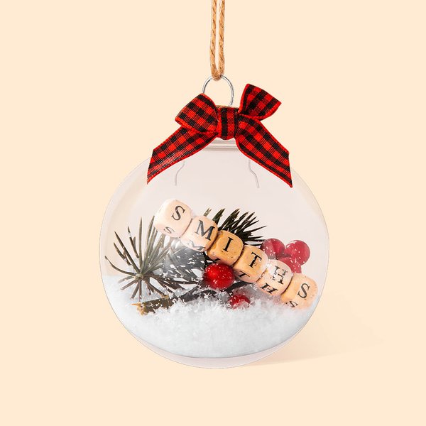 Personalizzato rustico Natale chiaro palla di plastica appeso Ornamento con agrifoglio e testo Albero di Natale Decor regalo per la famiglia