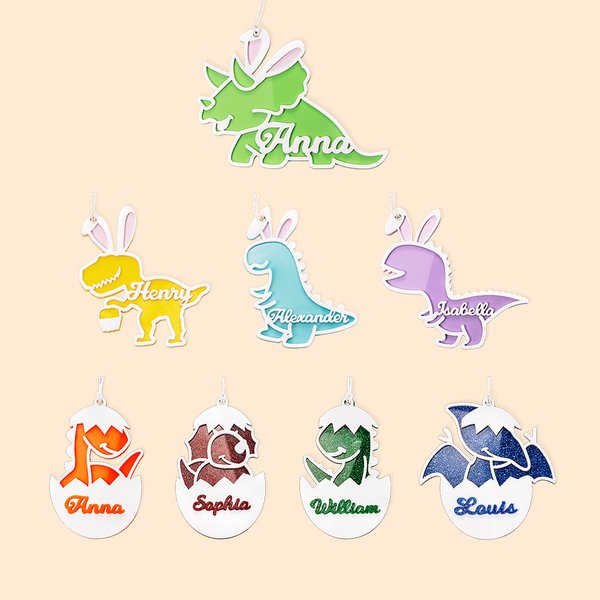 Gepersonaliseerde 3D Dinosaurus Glitter Acryl Paasmand Label met sleutelkoord en naam Multicolor vakantie Decoratie Gift voor kinderen Dinosaurus lief