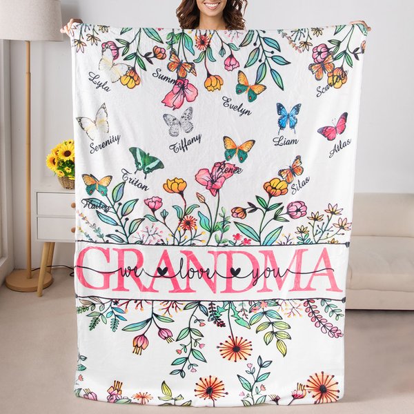 Couverture en Flanelle Personnalisée avec 1-20 Noms et Papillons Couverture Douce Thème Fleur Jardin Cadeau Anniversaire Fête pour Maman Grand-Mère