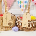 Personalized Hollow Bunny Egg Wooden Easter Basket Tag with Engraved Name and Beads Rustic Spring Home Decoration Holiday Gift for Kids
