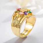 Bague Personnalisée avec 1-9 Pierres de Naissance Carées et Noms Gravés Bijoux d'Argent pour Famille Couple Cadeau Anniversaire Fête