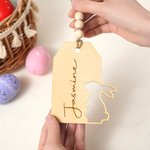 Personalized Hollow Bunny Egg Wooden Easter Basket Tag with Engraved Name and Beads Rustic Spring Home Decoration Holiday Gift for Kids