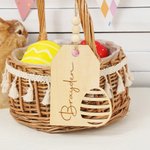 Personalized Hollow Bunny Egg Wooden Easter Basket Tag with Engraved Name and Beads Rustic Spring Home Decoration Holiday Gift for Kids