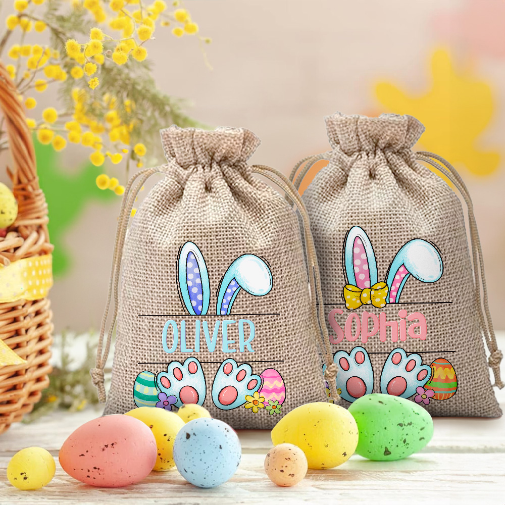 Sac à Bonbon en Jute Personnalisé avec Nom et Motif Lapin Cadeau Anniversaire Pâques pour Enfant