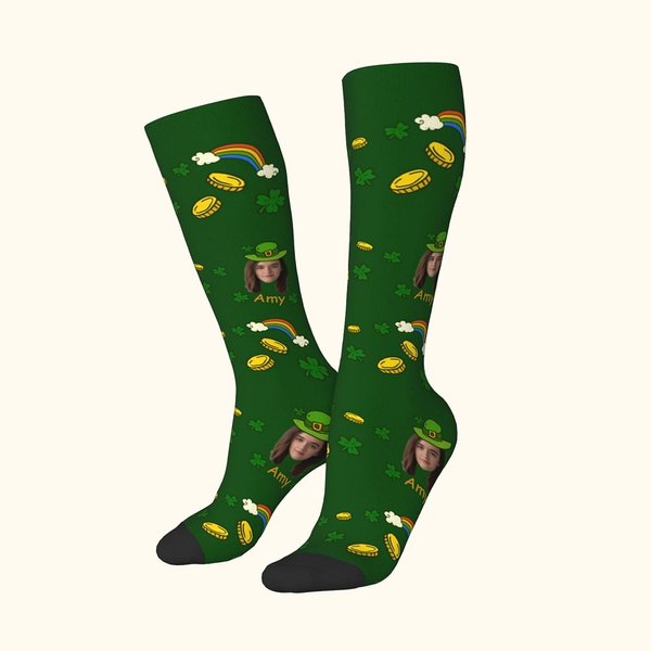 Calcetines personalizados con foto de la cara de los tréboles de la suerte Calcetines hasta la rodilla con nombre Día de San Patricio Regalo para la f