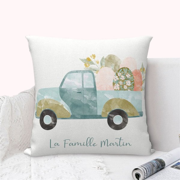 Housse d'Oreiller à Motif Camion avec Œufs de Pâques Coussin Personnalisé avec Texte Cadeau de Pâques pour Enfant et Famille