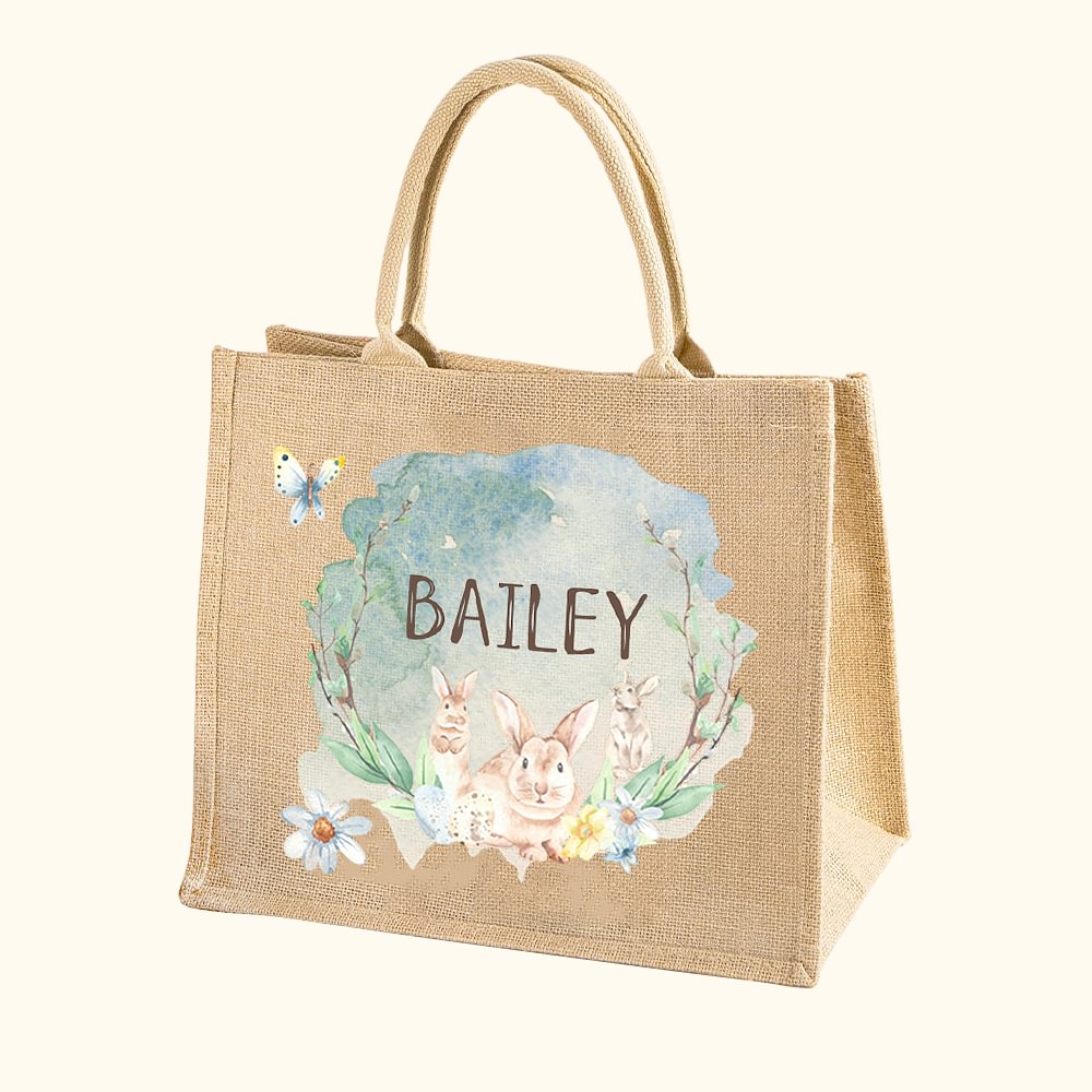 Sac en Jute Personnalisé avec Nom Sac de Grande Capacité Motif Lapin Aquarelle Cadeau Anniversaire Pâques pour Enfant