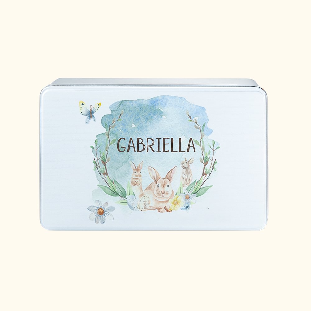 Personalizzato acquerello foresta coniglietto Food Grade metallo Biscuit Tin con nome contenitore di caramelle regalo di Pasqua per i bambini