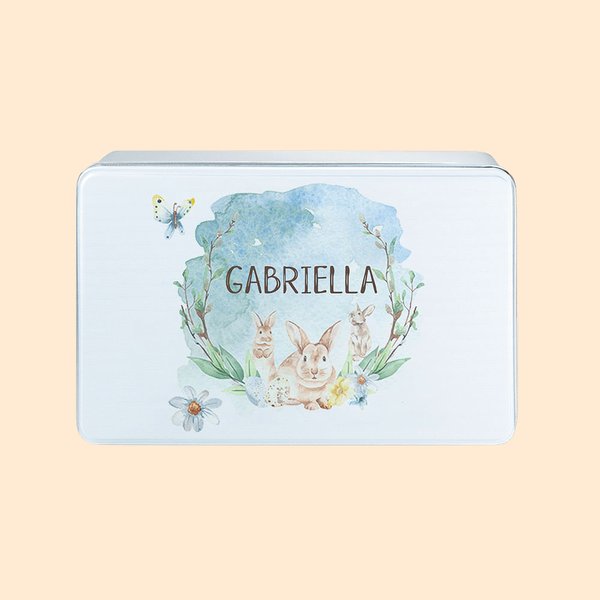 Personalizzato acquerello foresta coniglietto Food Grade metallo Biscuit Tin con nome contenitore di caramelle regalo di Pasqua per i bambini