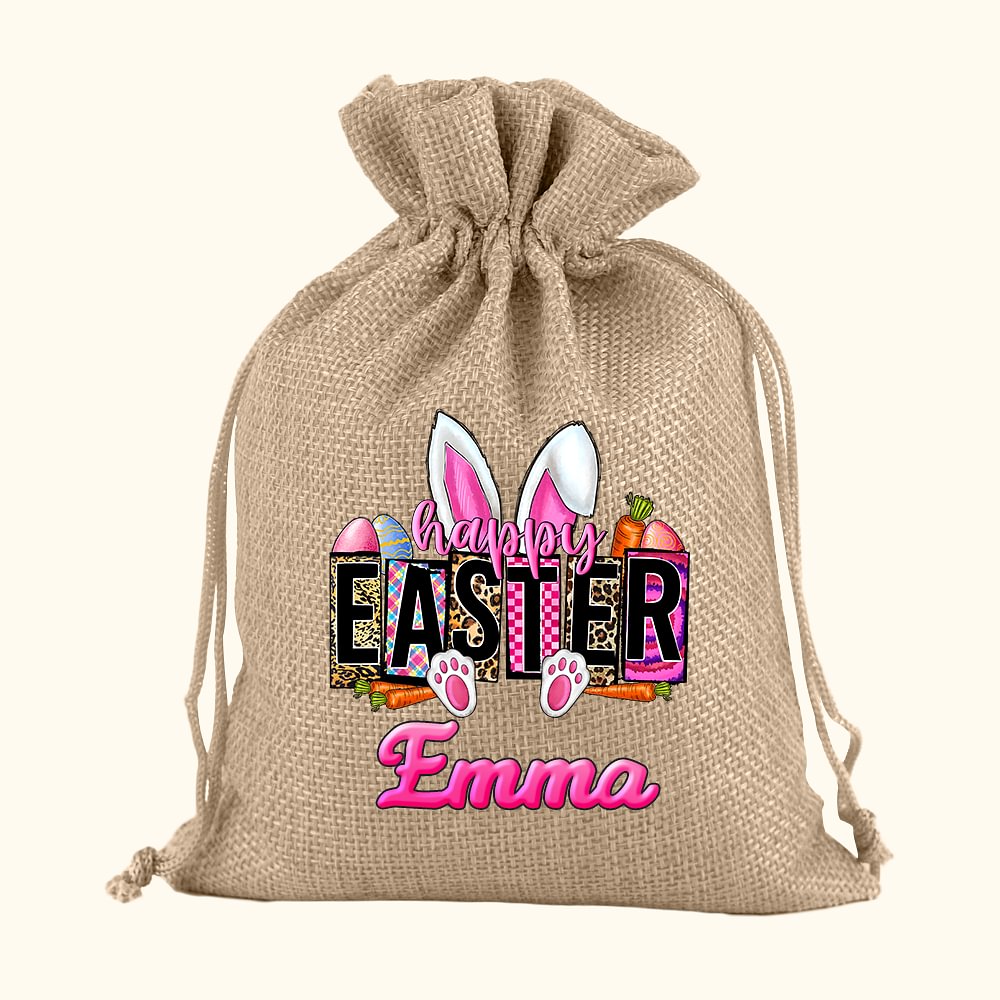 Sac à Cordon Personnalisé avec Nom Motif Oeufs de Pâques Oreilles de Lapin Cadeau pour Enfant