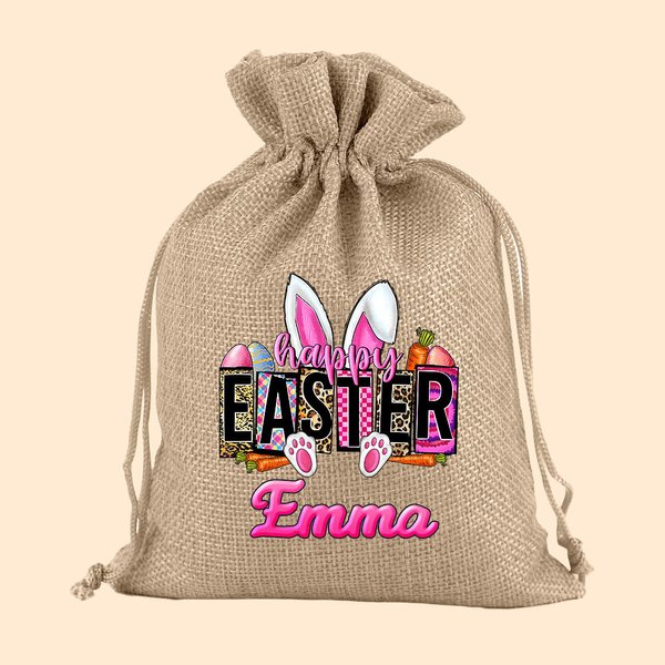 Gepersonaliseerd roze konijntje oren paaseieren koord Gift Bag met naam Gift voor kinderen