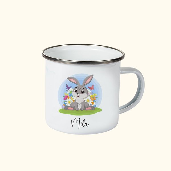 Personalized Cute Easter Bunny Eggs Flower 11oz Enamel Mug with Name Happy Easter Gift for Kids
