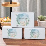 Personlig akvarell skogsbunny livsmedelskvalitet metall kexburk med namn godisbehållare påskpresent till barn