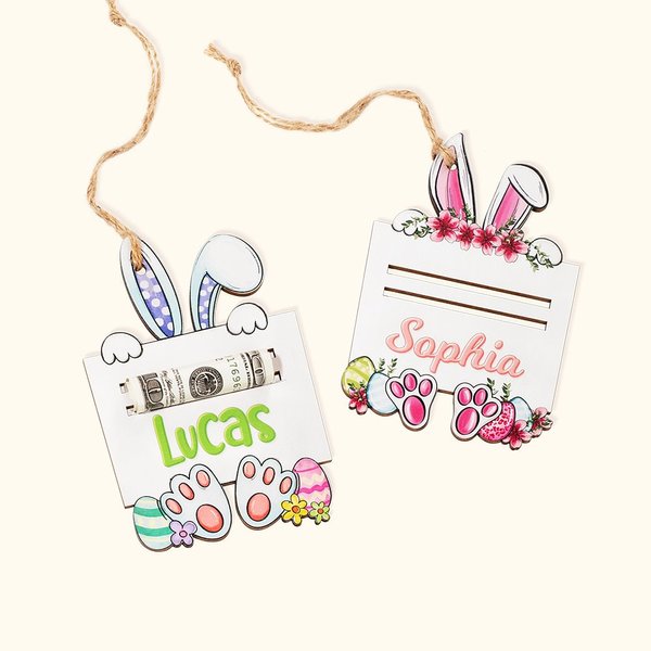Gepersonaliseerd houten paasmandje Bunny geldhouder met naam Paasgeschenk voor kinderen
