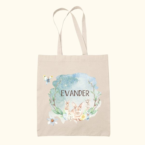 Gepersonaliseerde aquarel bos konijn canvas tas handtas met naam paaseieren jacht mand cadeau voor kinderen familie