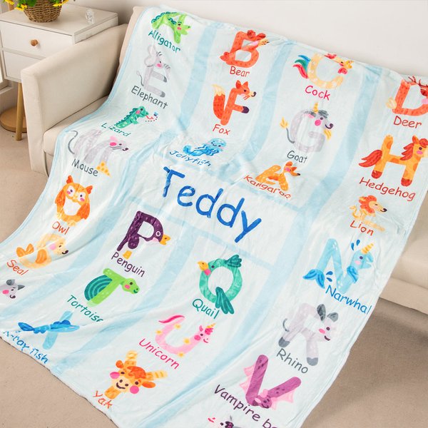 Gepersonaliseerde Zoo Alfabet Verlichting Onderwijs Fleece Zachte Deken met Naam Cadeau voor Baby Kind