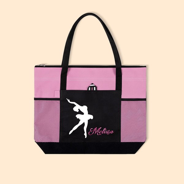 Personalized Glitter Dance Ballerina Multi-Pocket Zippered Tote Bag Birthday Anniversary Gift for Her