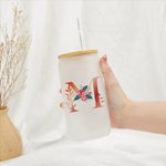 Personalized Floral Initial Frosted Can Glass with Bamboo Lid and Straw Birthday Gifts for Women