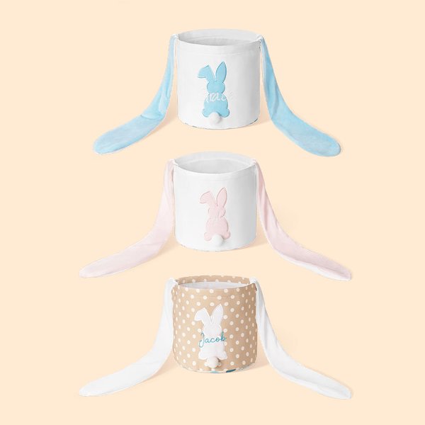 Gepersonaliseerde schattige lange Bunny Paasmand speelgoed organisator met geborduurde naam paaseieren jacht cadeau voor kinderen