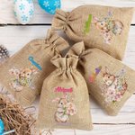 Sac à Bonbon Personnalisé avec Prénom Sac en Jute à Motif Lapin et Fleur Cadeau Anniversaire pour Enfant