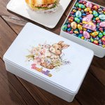 Personalisierte Hase hält Blume Lebensmittelqualität Metall Keksdose mit Namen Ostern Geschenk für Kinder