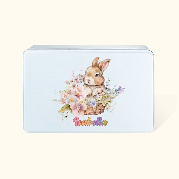 Personalisierte Hase hält Blume Lebensmittelqualität Metall Keksdose mit Namen Ostern Geschenk für Kinder