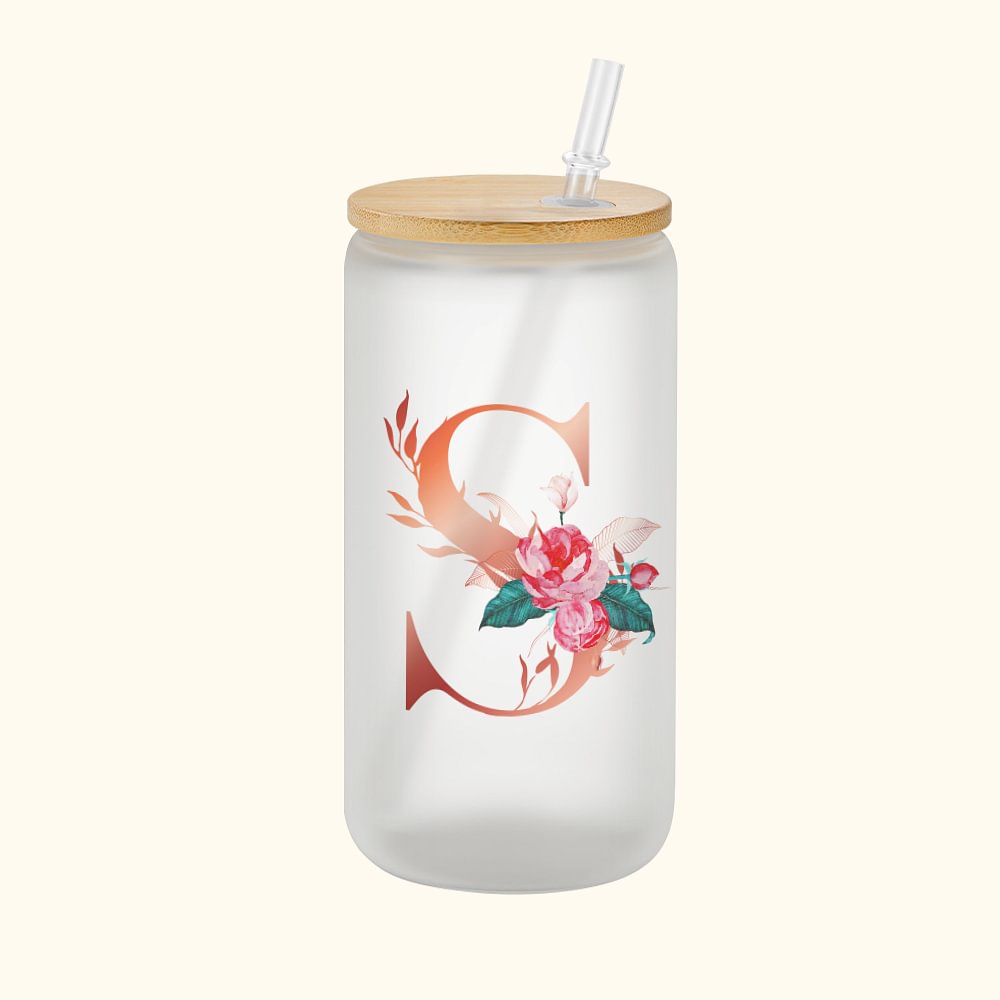 Bouteille Personnalisée avec Initiale Gobelet en Verre Mat avec Couvercle en Bambou et Paille Cadeau Anniversaire pour Femme