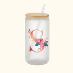 Personalized Floral Initial Frosted Can Glass with Bamboo Lid and Straw Birthday Gifts for Women