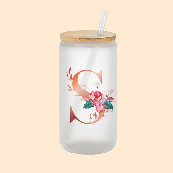 Personalized Floral Initial Frosted Can Glass with Bamboo Lid and Straw Birthday Gifts for Women