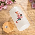 Personalized Floral Initial Frosted Can Glass with Bamboo Lid and Straw Birthday Gifts for Women