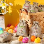 Sac à Bonbon Personnalisé avec Prénom Sac en Jute à Motif Lapin et Fleur Cadeau Anniversaire pour Enfant
