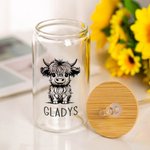Gepersonaliseerd Hoogland Koe Helder Kan Glas met Naam en Rietje en Deksel Verjaardagscadeau voor Hoogland Koe Liefhebbers