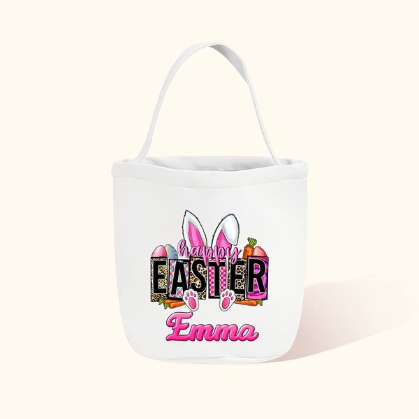 Gepersonaliseerd schattig konijntje wortelpatroon snoepmand met naam paasgeschenk voor kind
